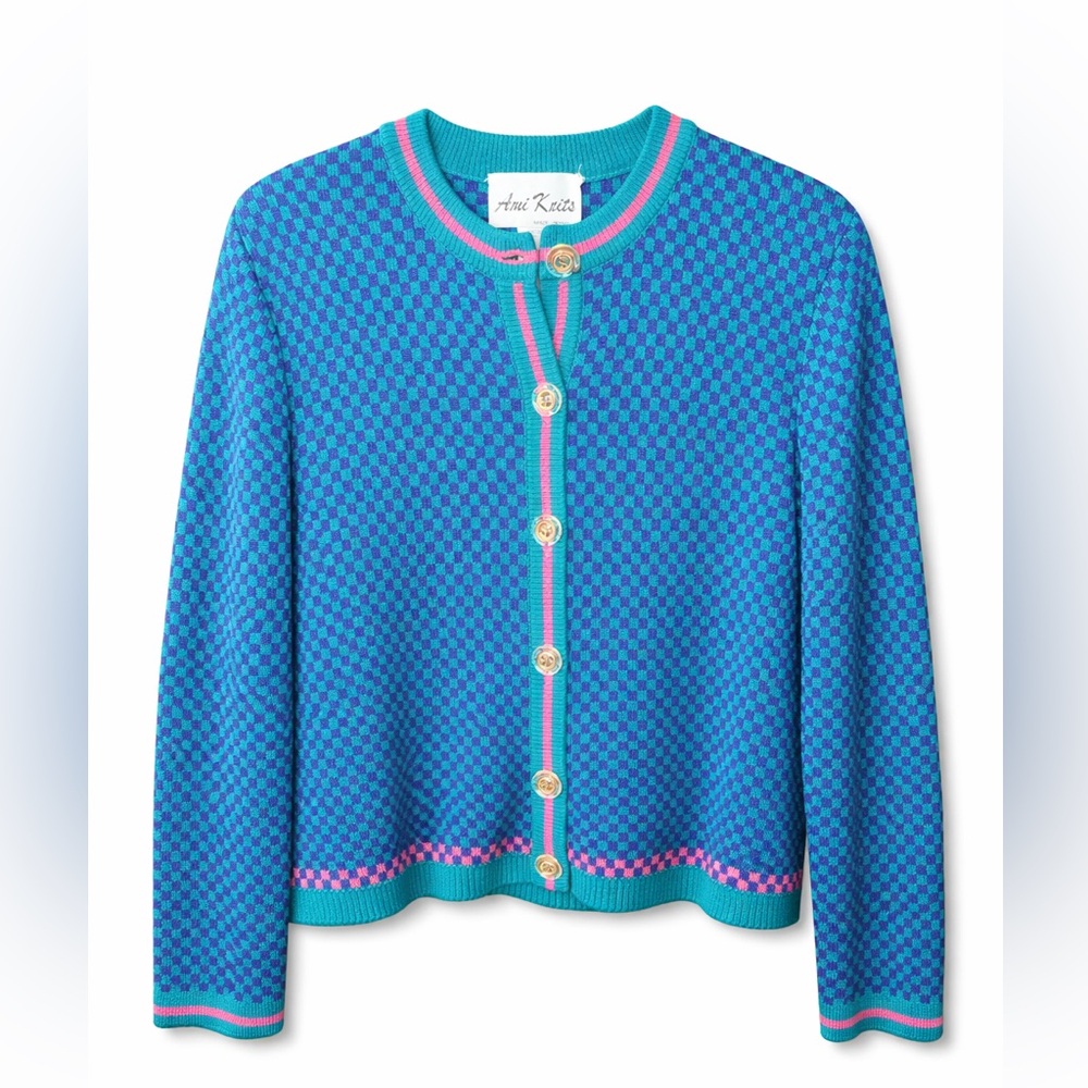 Ami Knits Vintage Checkered Cardigan – Teal/Blue with Pink Trim – Size 14